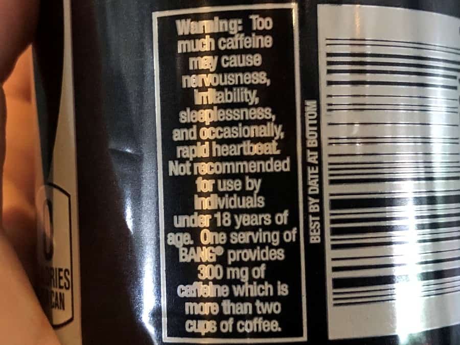 Bang caffeine content and warning label.