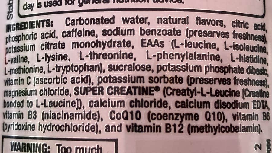 The list of ingredients at the back of a can of Bang. 