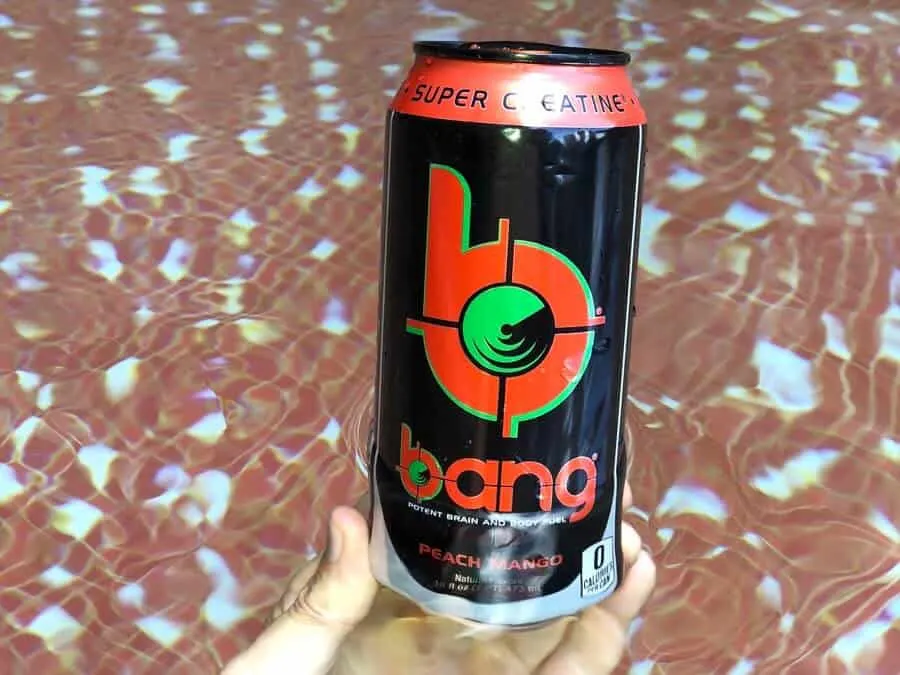 A can of Bang's Peach Mango flavor