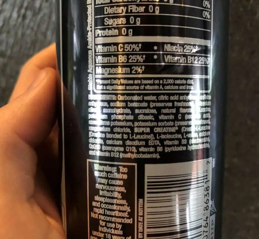 Ingredients label on the back of the can of Bang energy drink