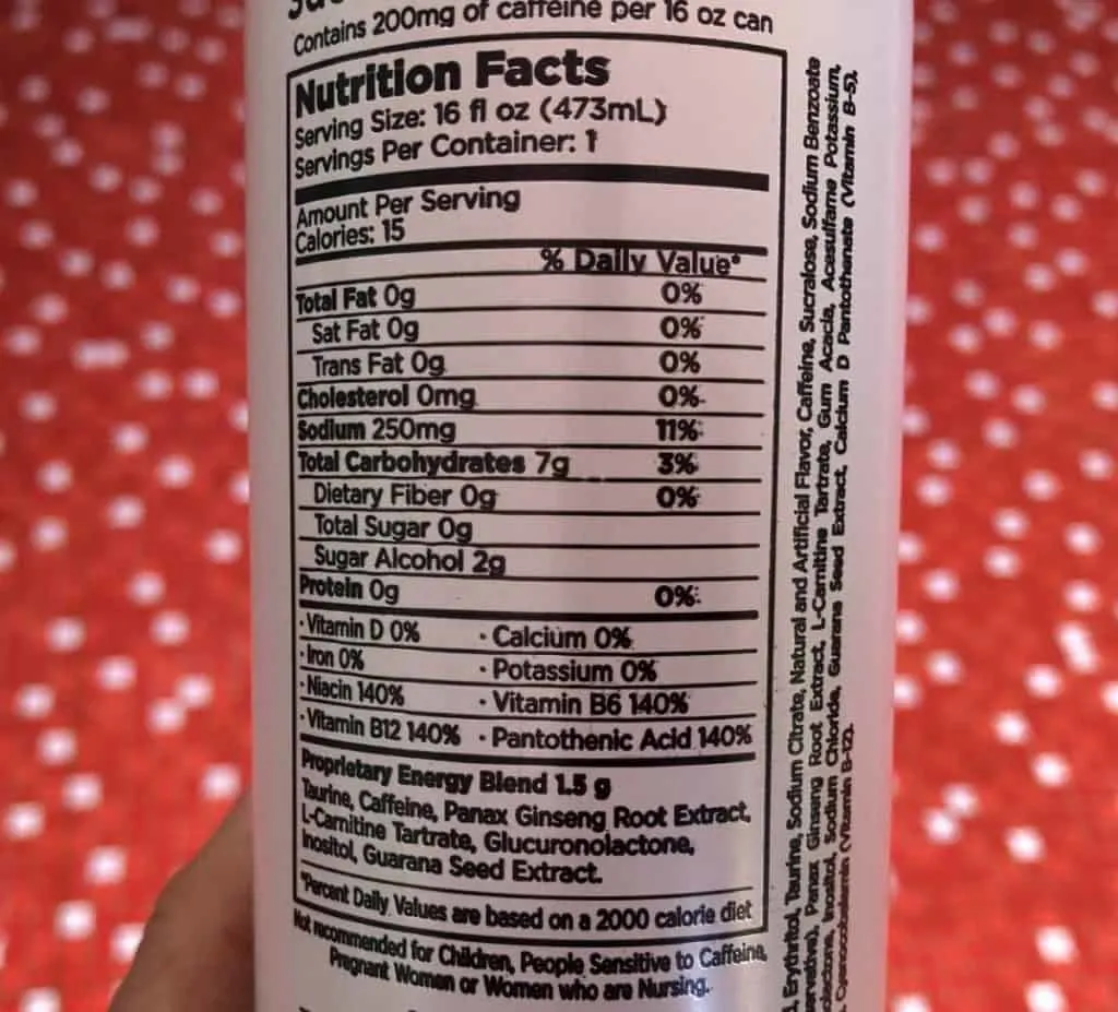 Nutrition Facts of 3D Energy Drink