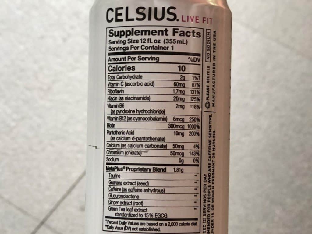 Celsius Nutritional Label
