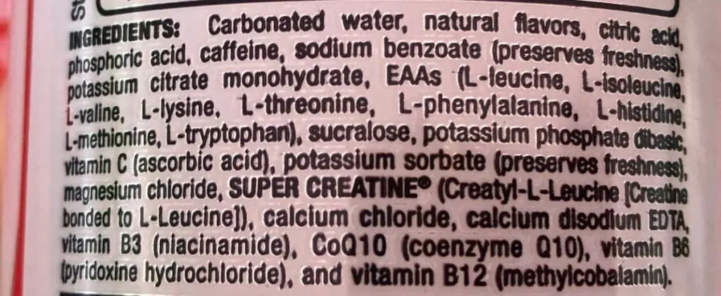 Ingredients list on the back of Bang energy drink.