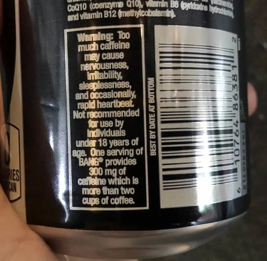 Bang Energy Drink Caffeine Warning Label