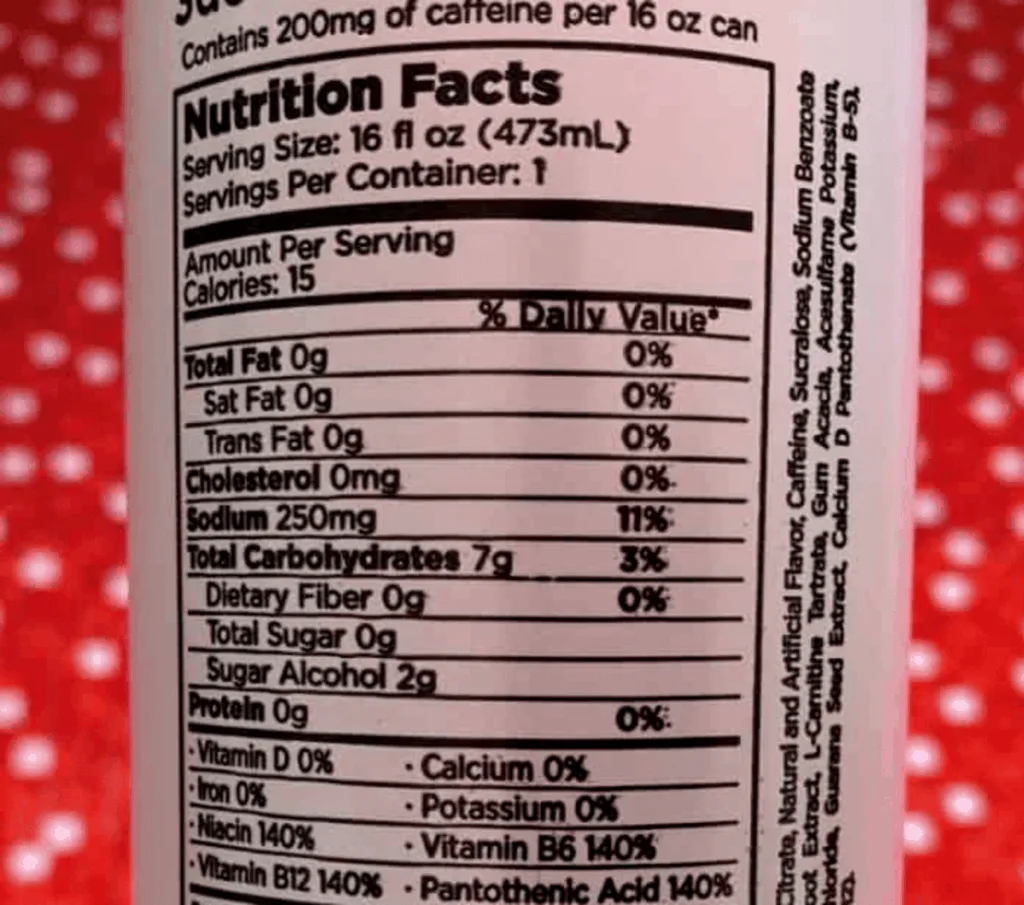 3D Energy Nutrition Facts at the back of the can