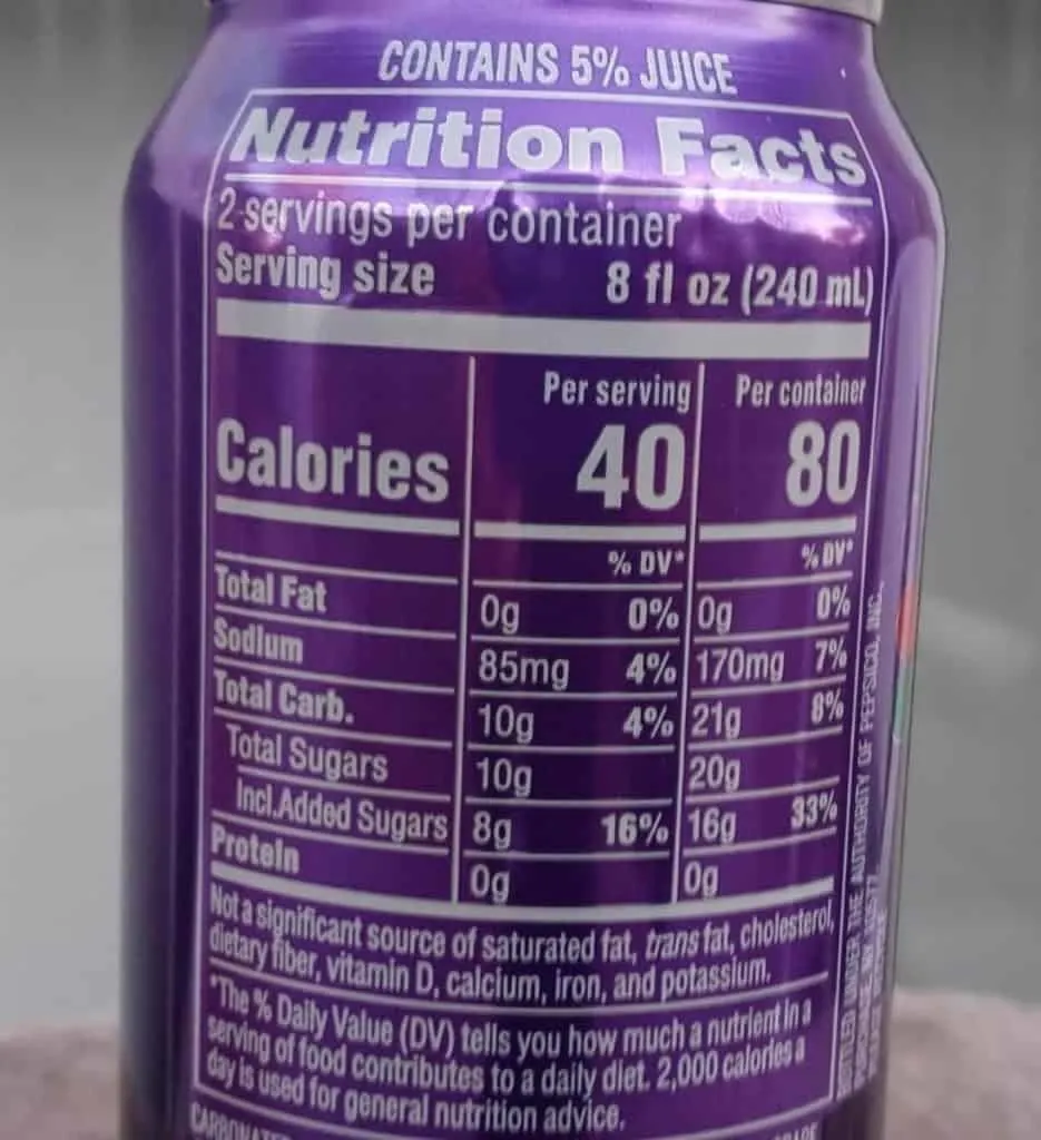 A picture of Mountain Dew Kickstart Nutrition Label