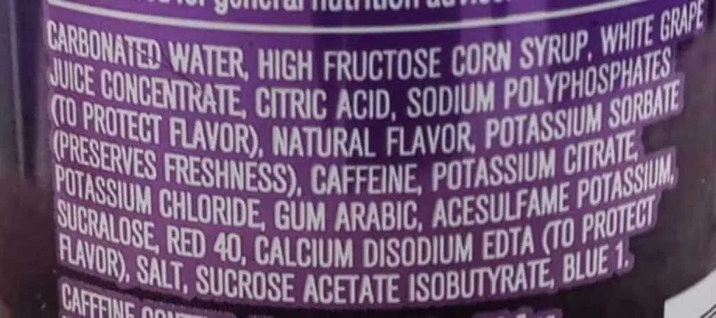 A picture of Mountain Dew Kickstart Ingredient Label
