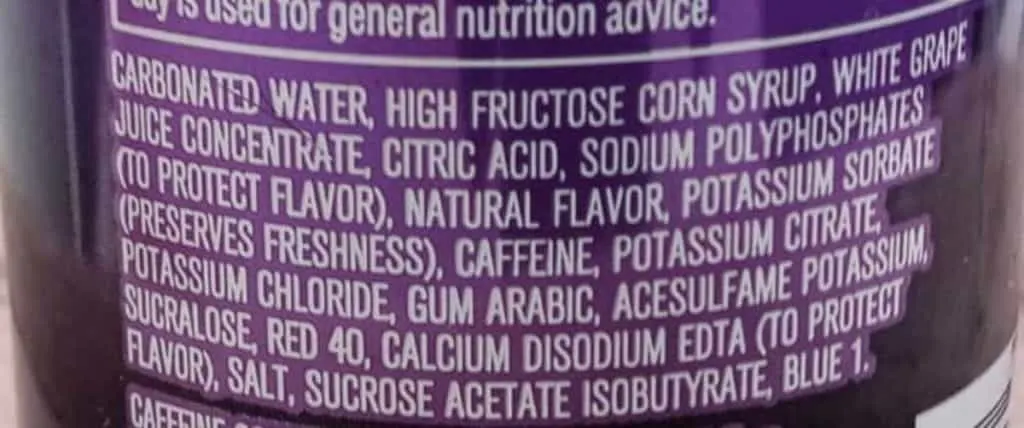 A picture of Mountain Dew Kickstart Ingredient label