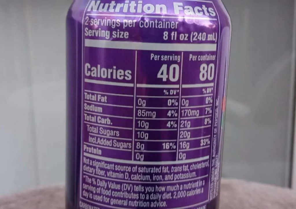A picture of Mountain Dew Kickstart nutrition label