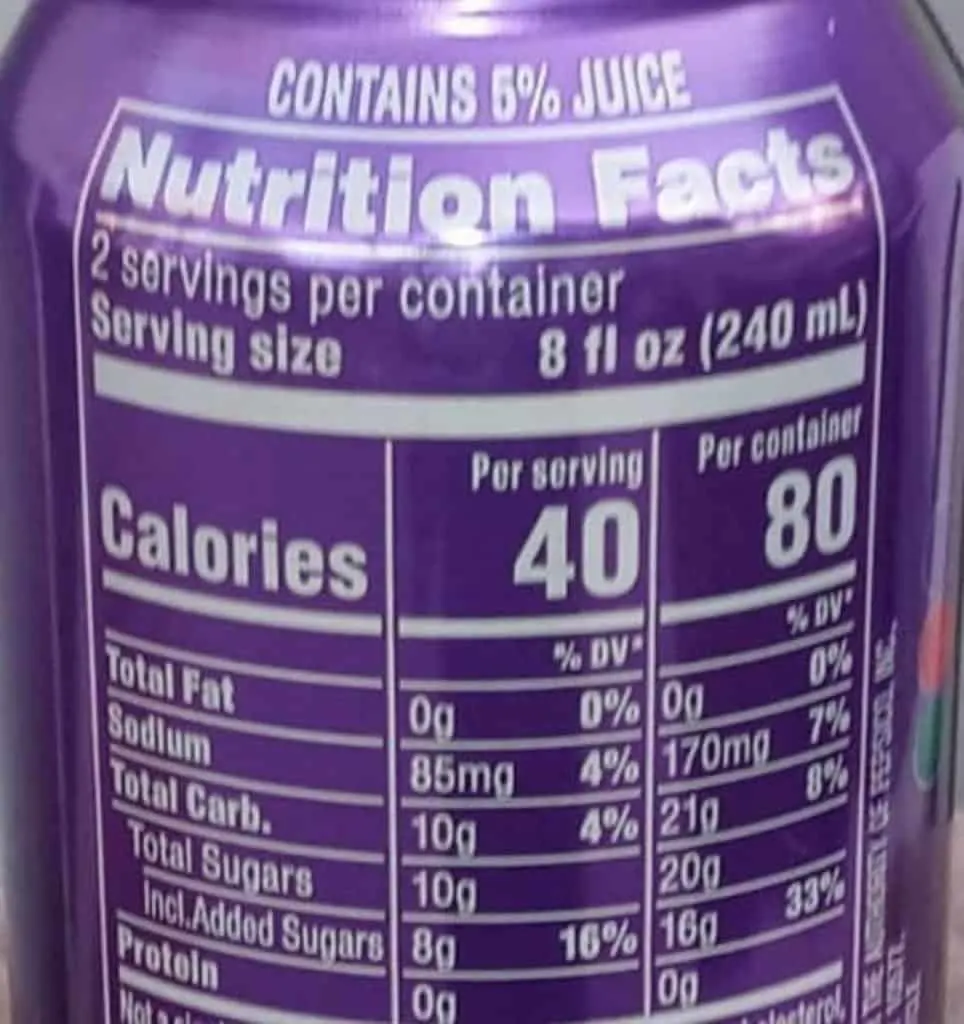 A picture of Mountain Dew Kickstart Nutrition Label
