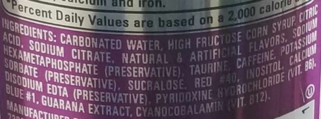 NOS Energy Drink Ingredients Label