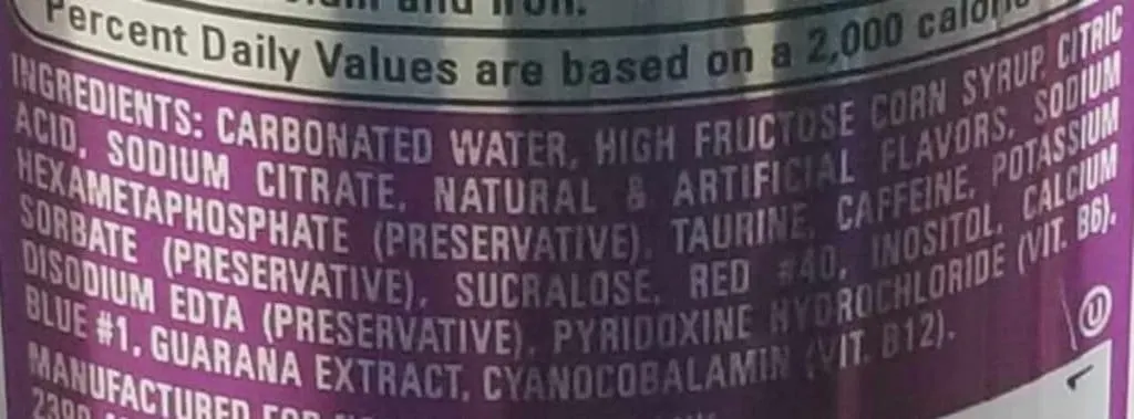A picture of NOS Energy Drink Ingredients 