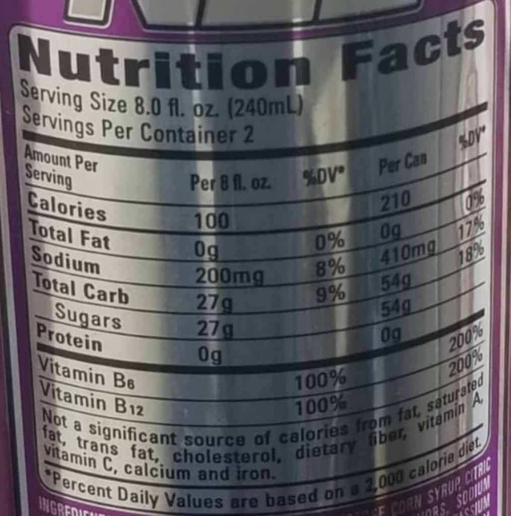 NOS Energy Drink Nutrition Label