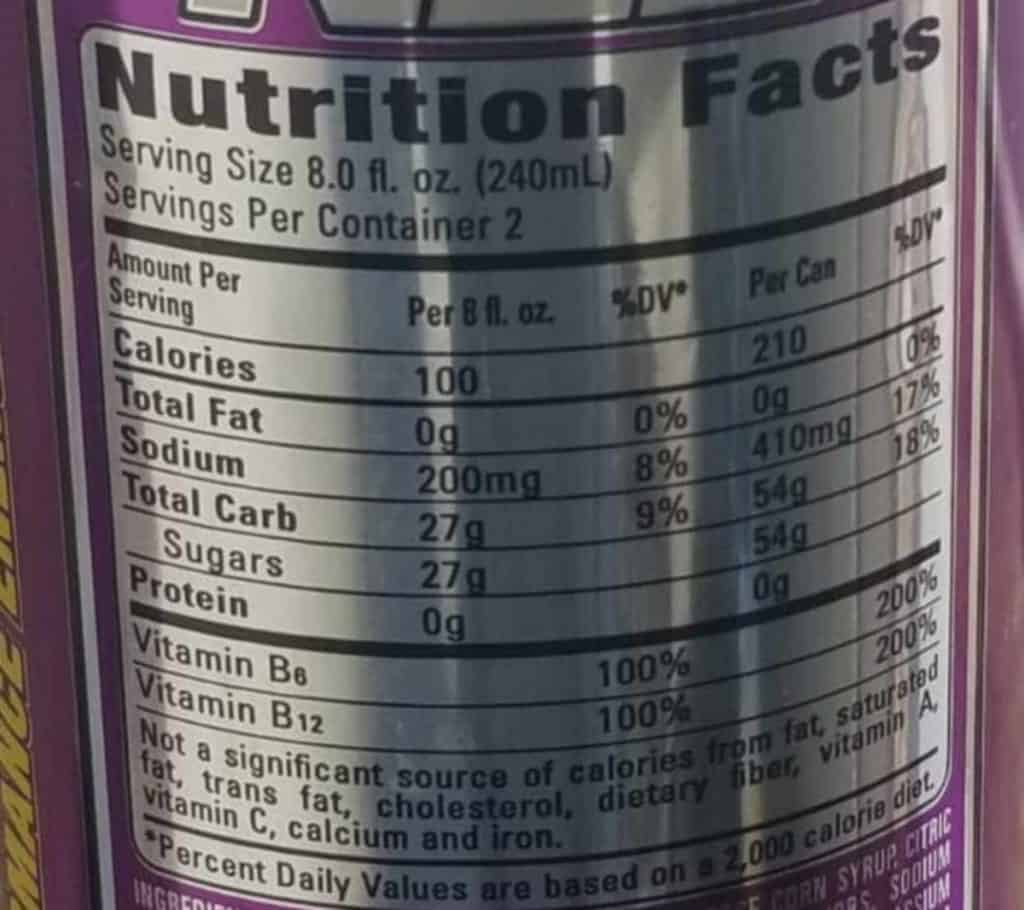 NOS GT Grape can nutrition label 