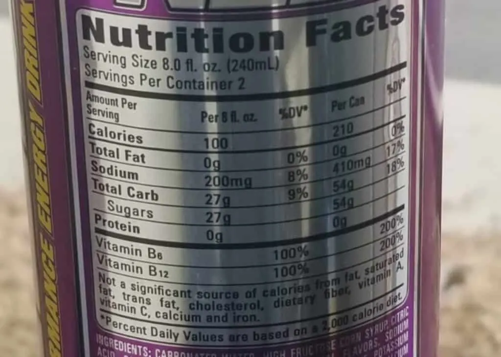 NOS GT Grape Nutrition label