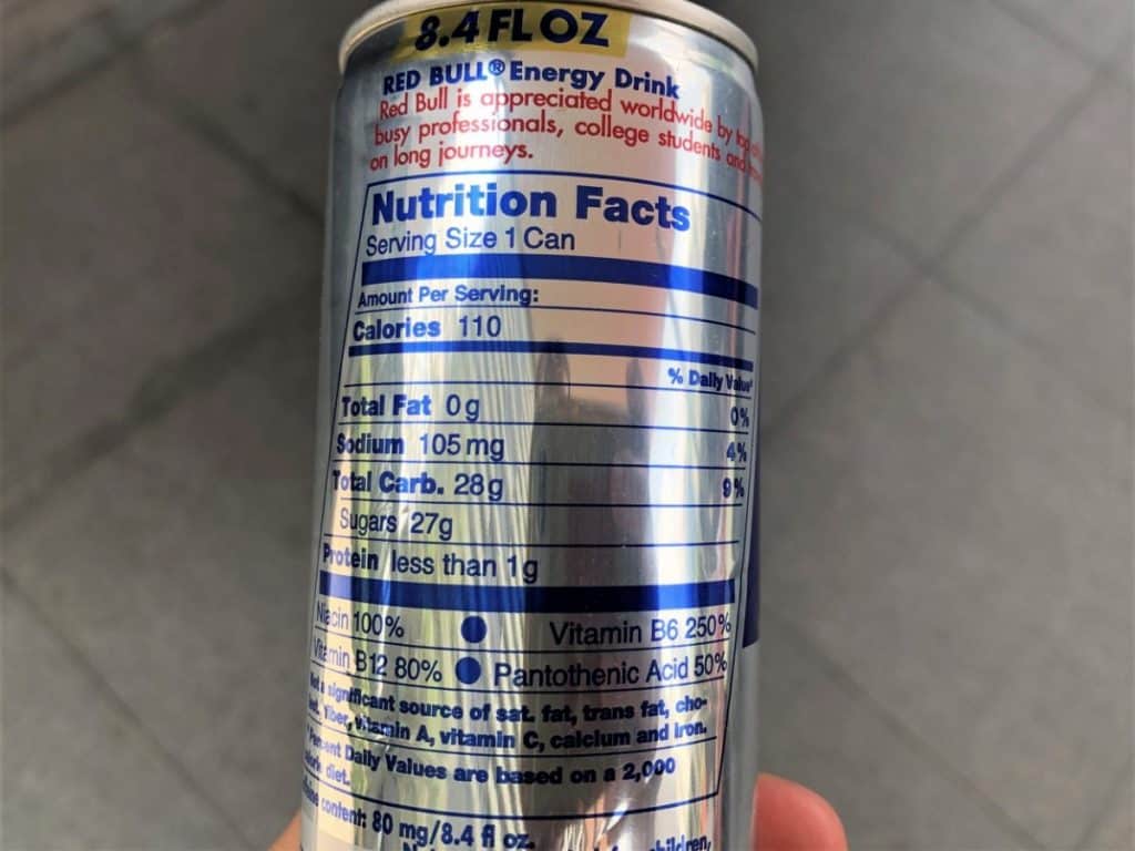 Red Bull Nutrition Facts on the back of the can.