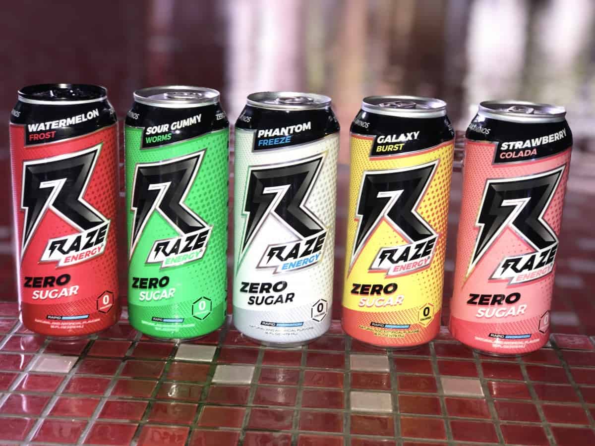 Raze Energy Drink Flavors in a Row