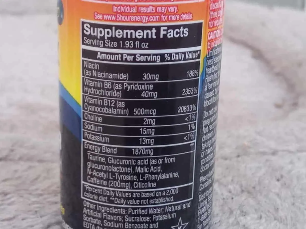Supplement Facts of 5-Hour Energy