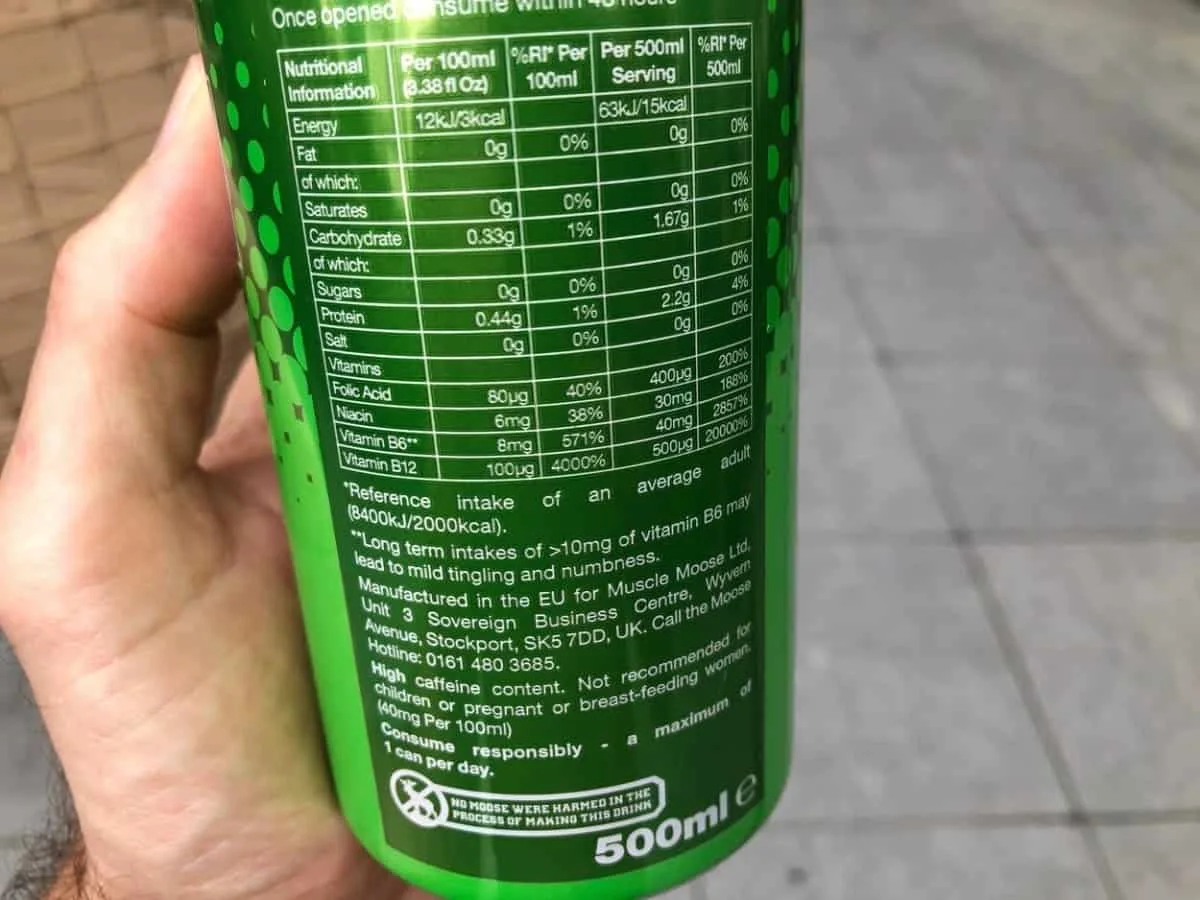 The Nutritional Information printed at the back of the can of Moose Juice.