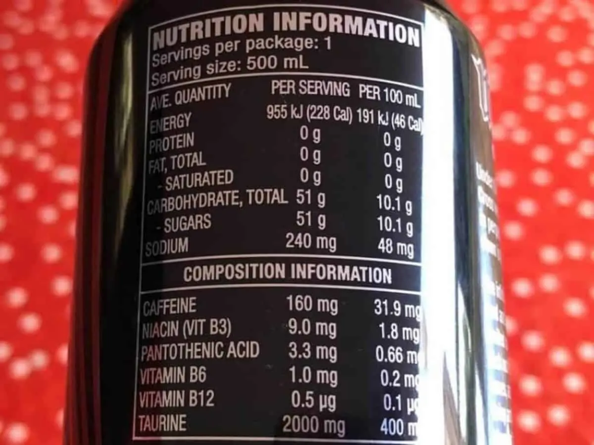 Nutritional information of Mother Energy Drink.