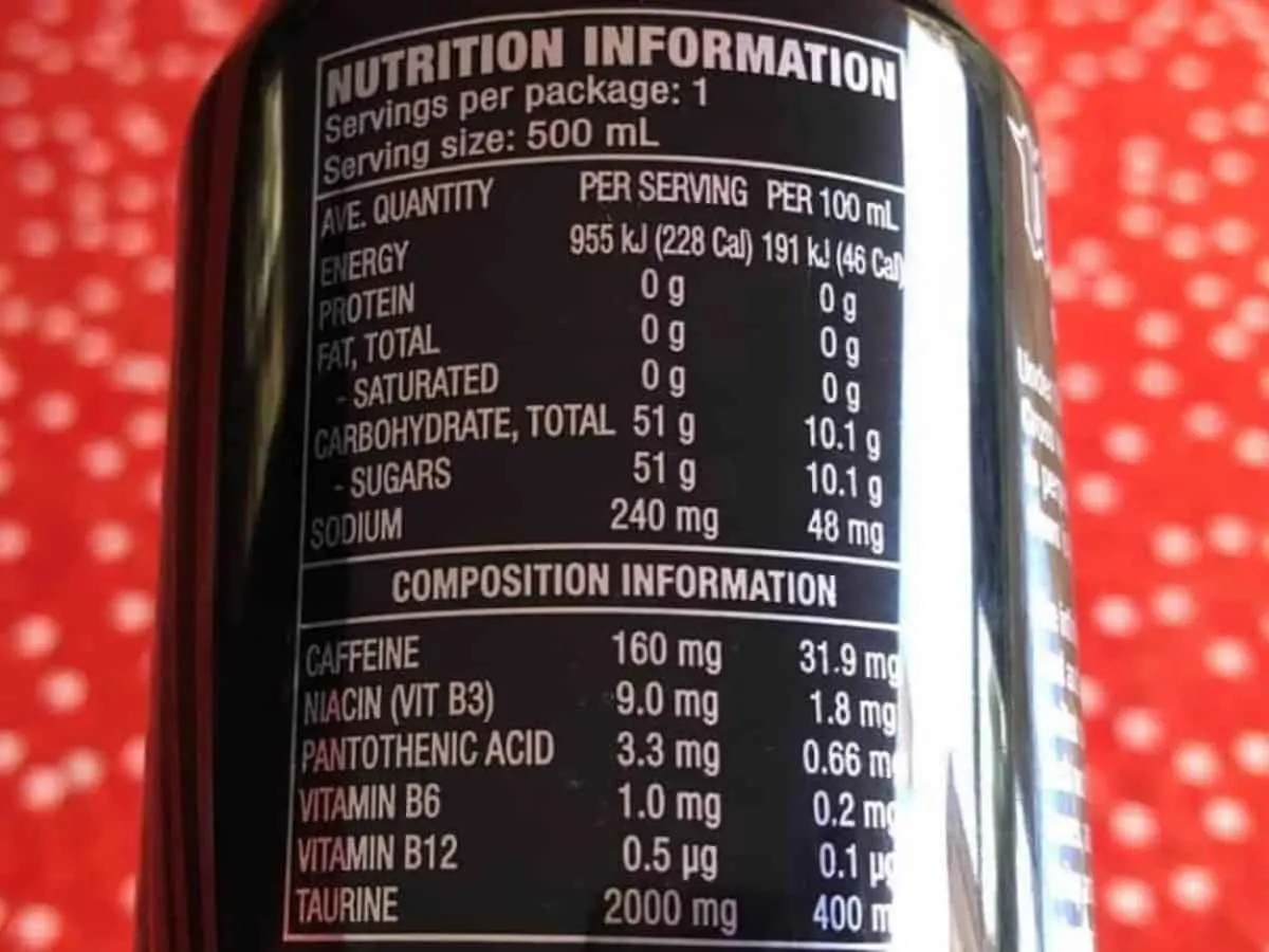 The nutritional information of Mother Energy Drink.