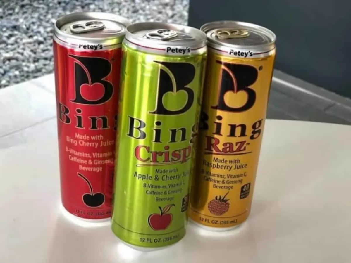 Bing Energy Drink Original, Crisp, and Raz.