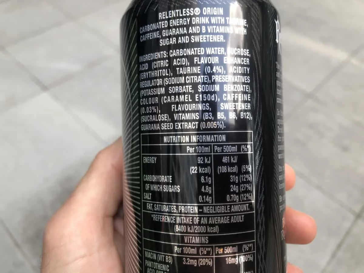 Ingredients given on a Relentless can