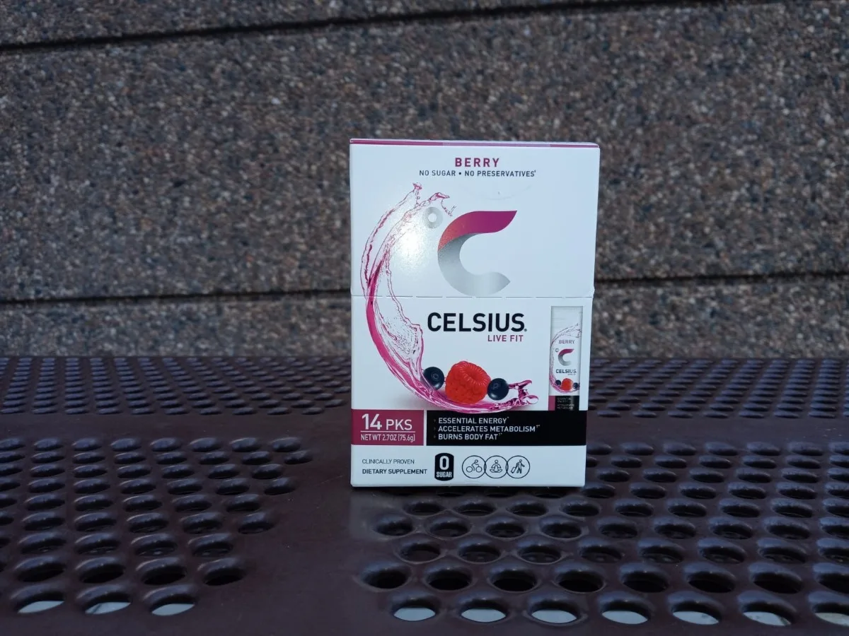 A box of a 14-packet pack of CELSIUS On-The-Go