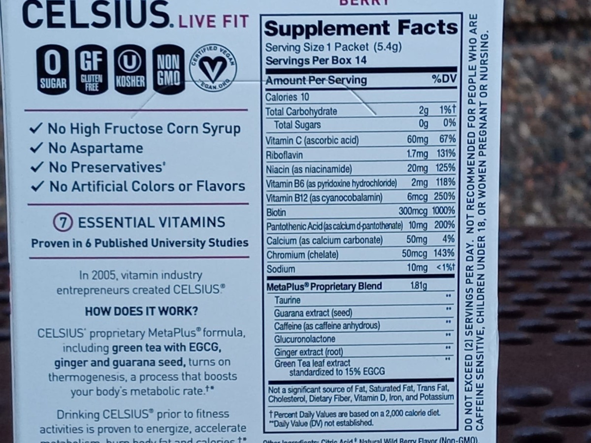 Label for the nutrition facts of CELSIUS On-The-Go