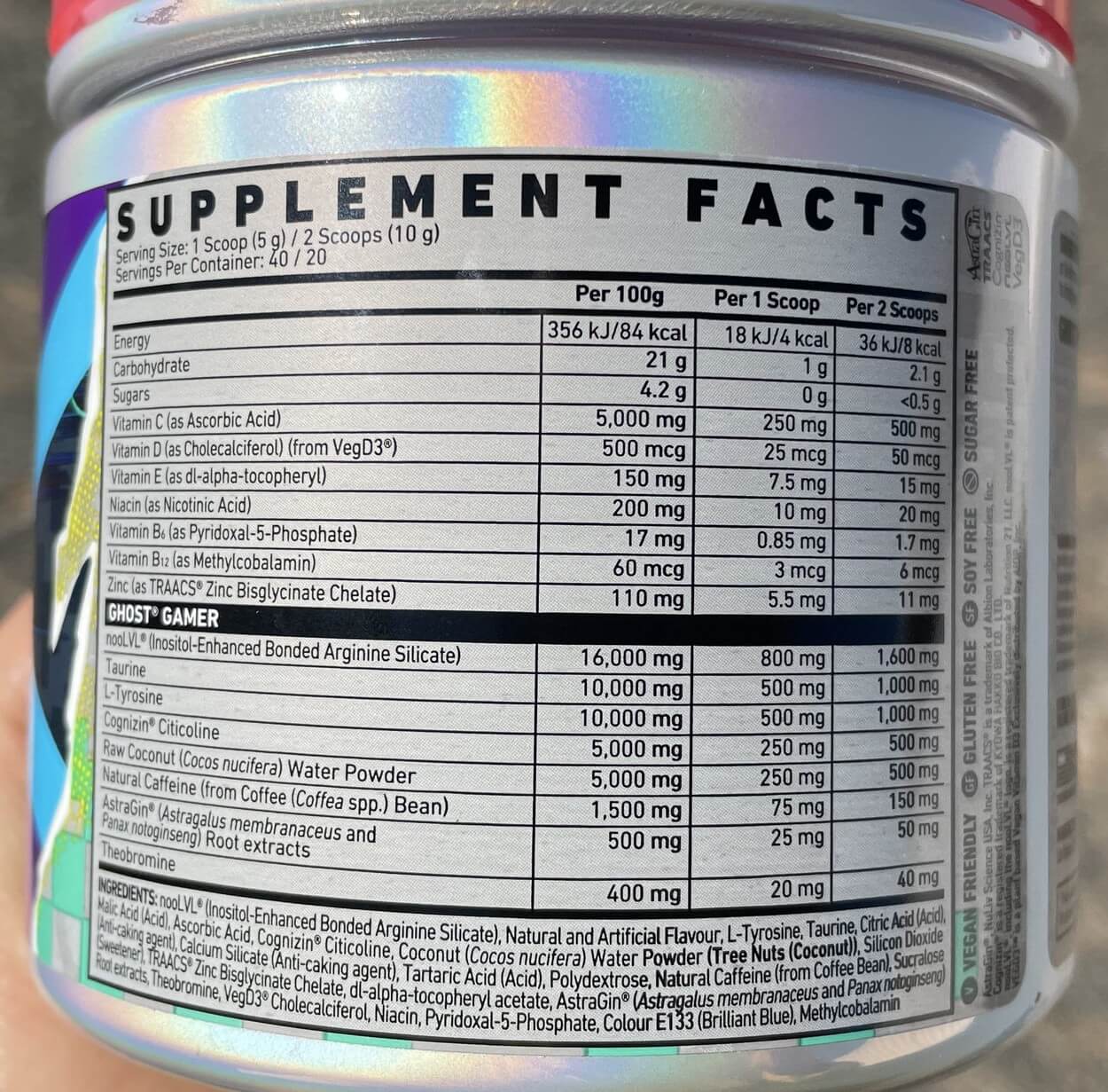 Ghost Gamer Energy Drink Nutritional Values