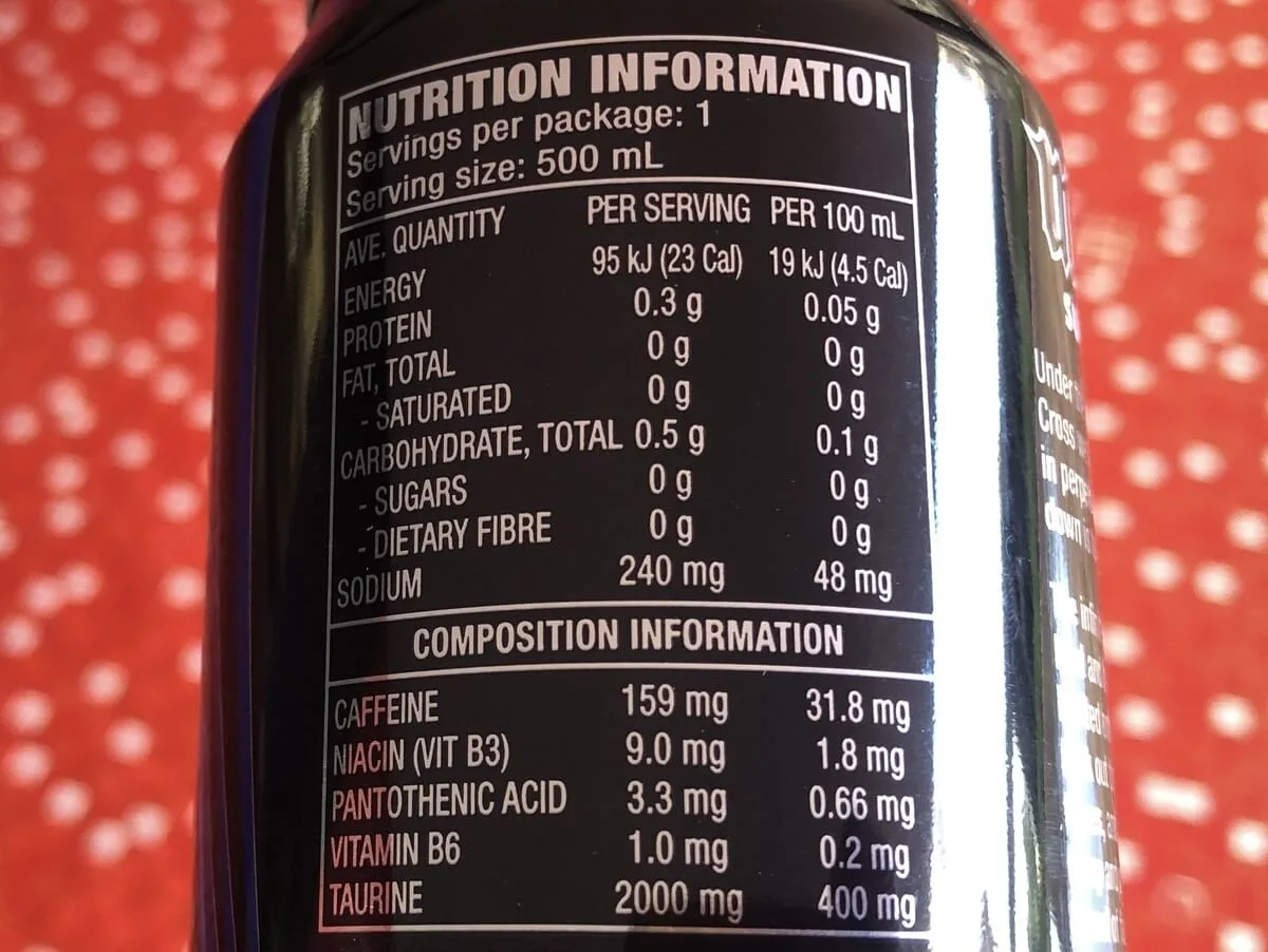 Mother Energy Drink Nutritional Label