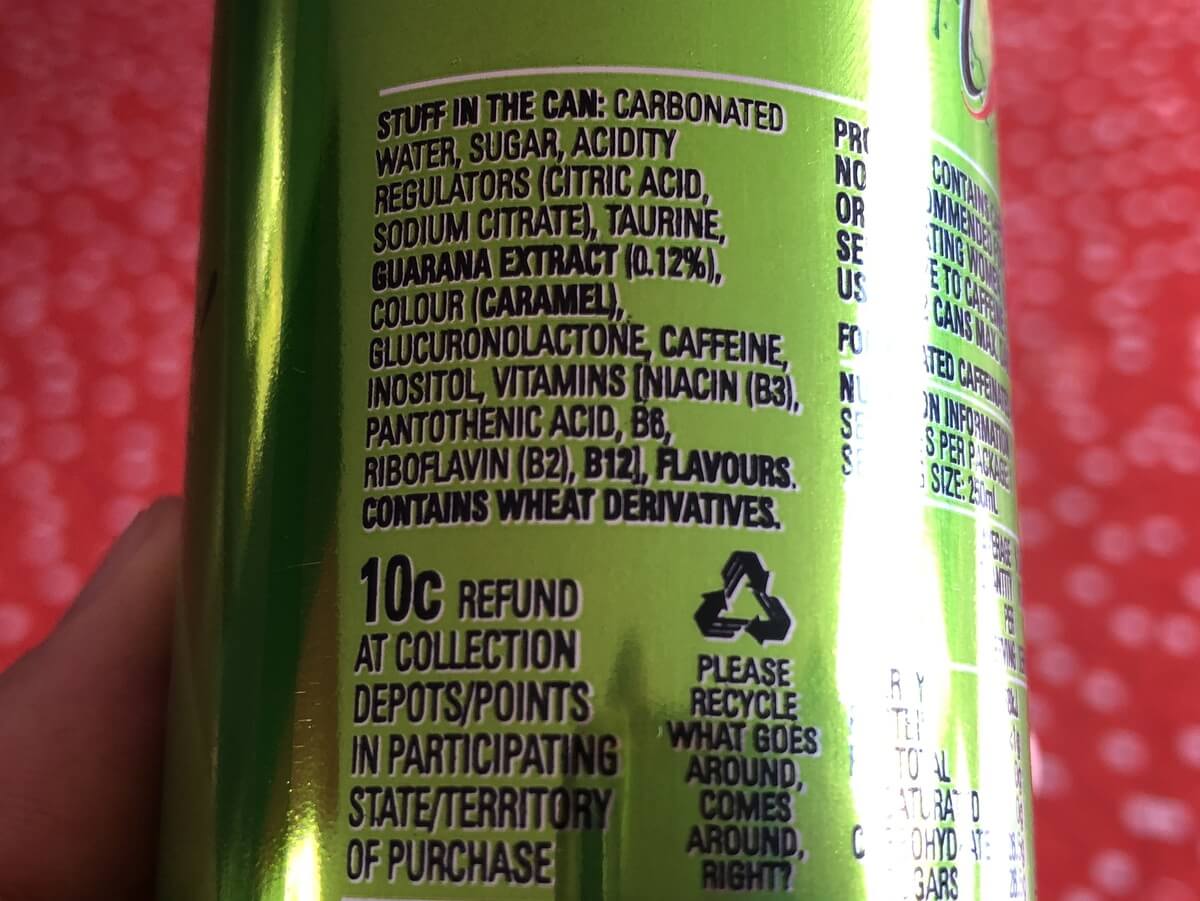 Ingredient label of V Energy Drink