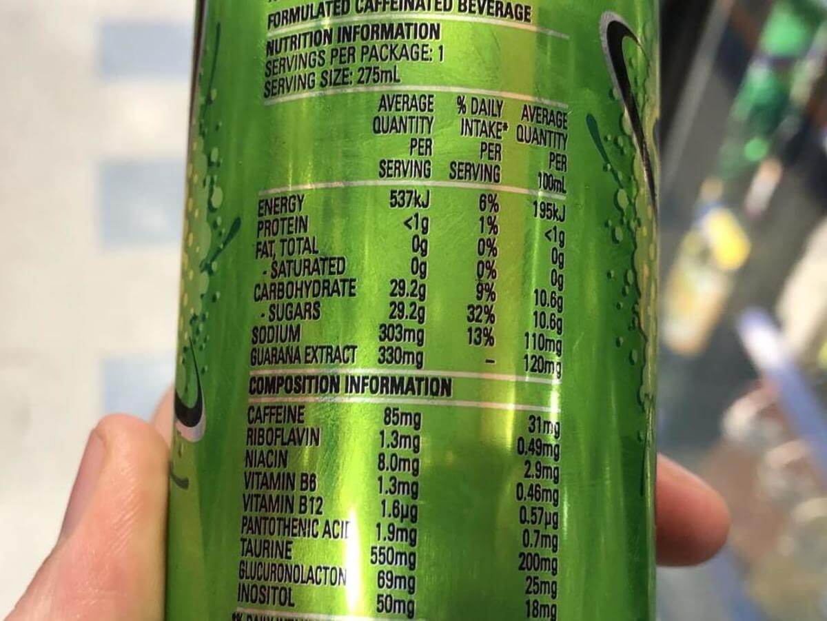 Nutrient label of V Energy Drink