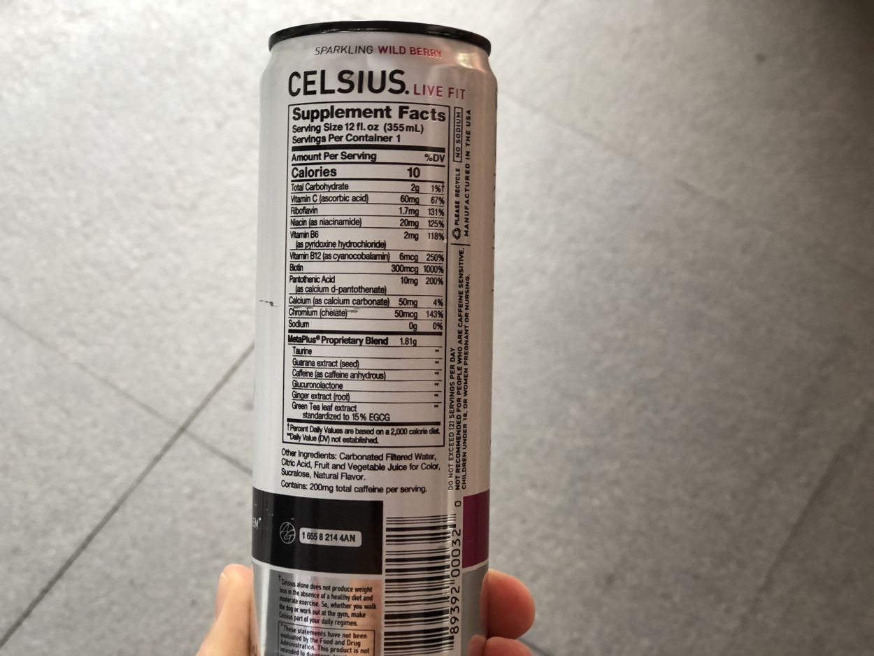 Nutritional Facts label on a Celsius can