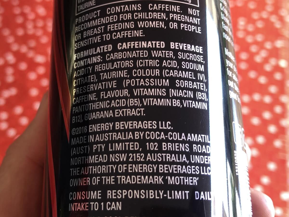Ingredients label of Mother Energy