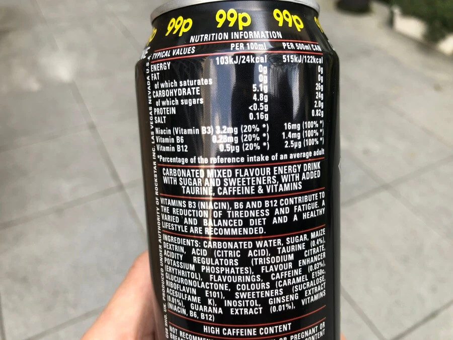 Rockstar Energy Drink Nutrition Facts written on a can
