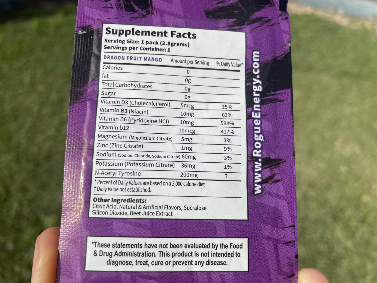 Rogue Nutritional Facts Label at the back of the sachet