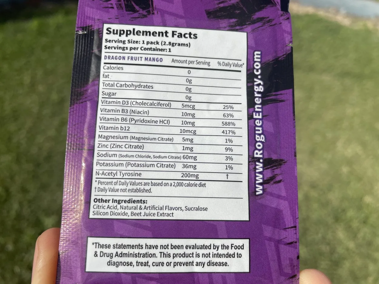 Rogue Nutritional Facts Label at the back of the sachet