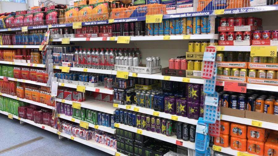 Irn-Bru and other energy drinks on the shelves in a mart