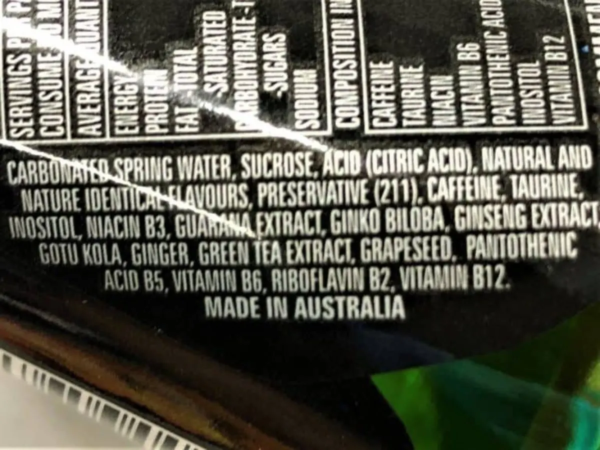 Ingredient label of Red Eye