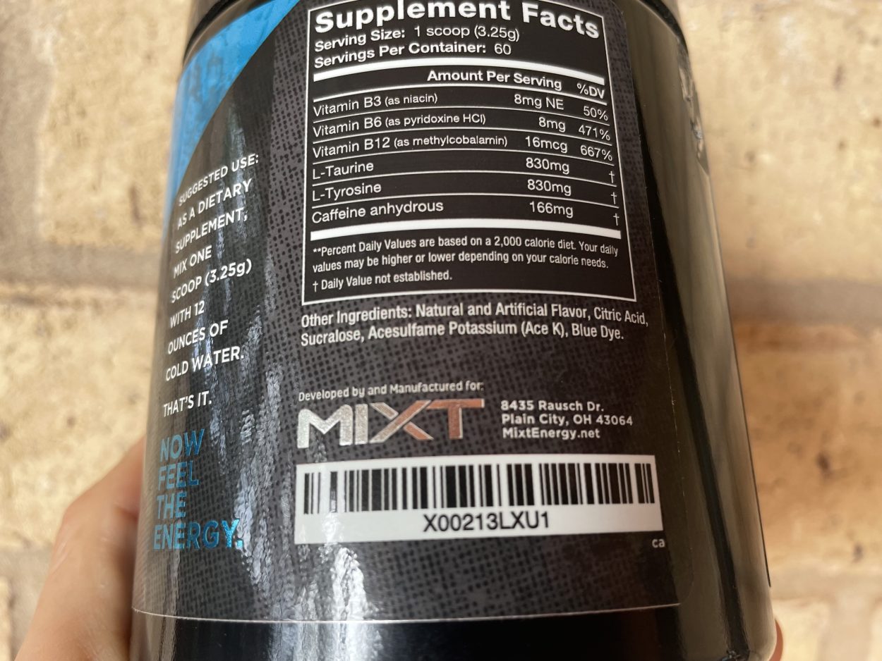 Mixt Energy Drink Facts label at the back of tub