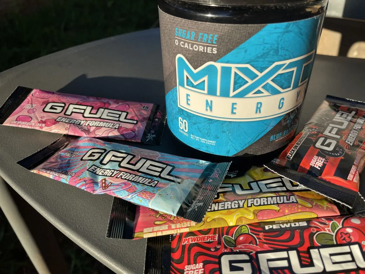 Mixt tub and G Fuel sachets.