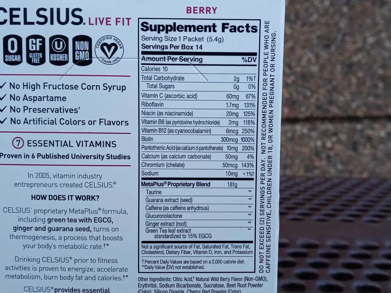 Supplement facts of Celsius on-the-go