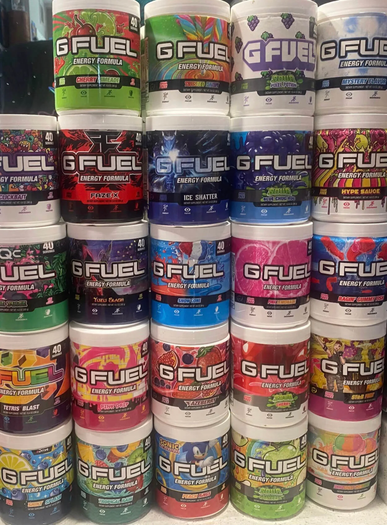 Different flavors of G fuel powder.