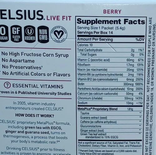 Celsius On-the-Go nutrition label