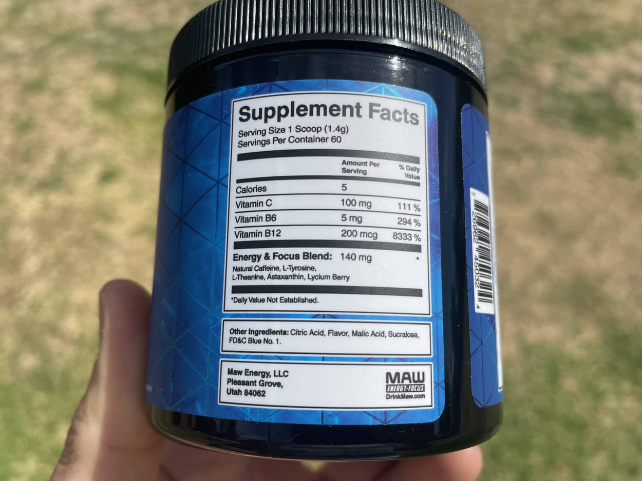 Nutritional facts of MAW Energy