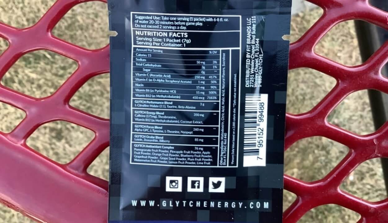 Nutritional facts of Glytch Energy Drink 