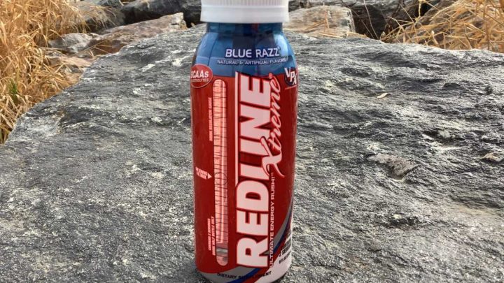 Bottle of Redline Xtreme Energy on the rock