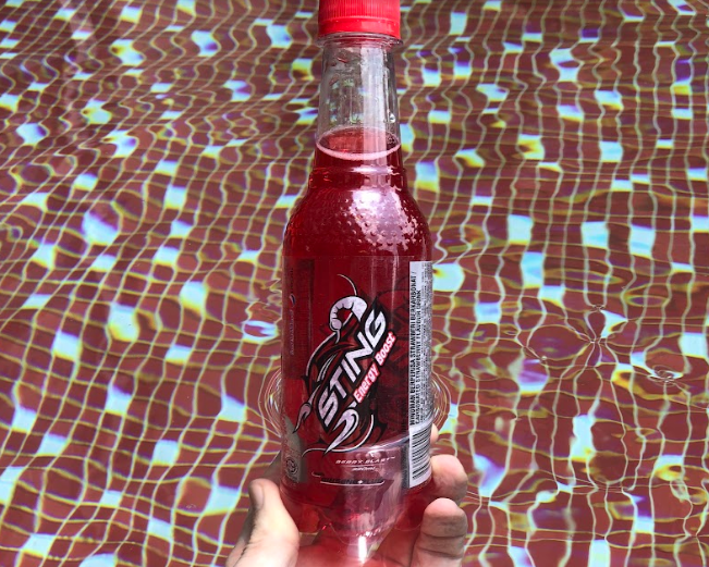 A bottle of sting energy drink