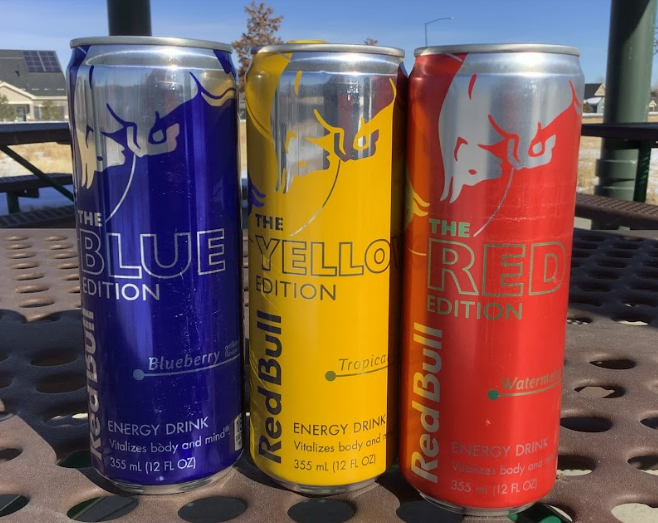 Blue, Red, and Yellow editions of Redbull